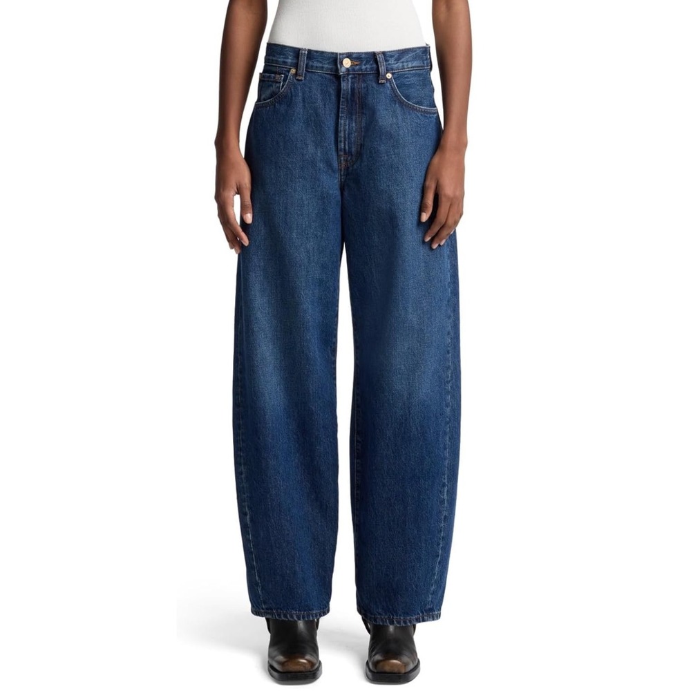 NWT 7 For All Mankind Twisted Bonnie Jeans Womens Dark Blue Barrel Leg Size 28
